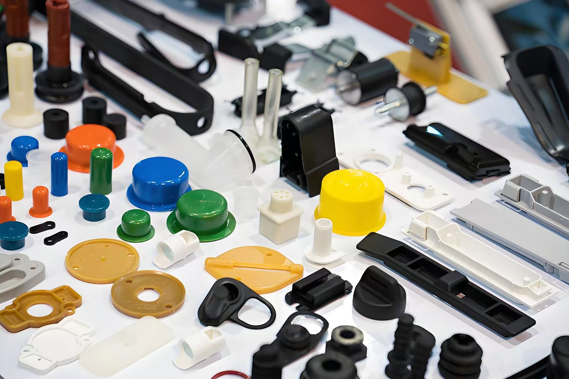 Colorful injection-molded plastic parts prepared for production review
